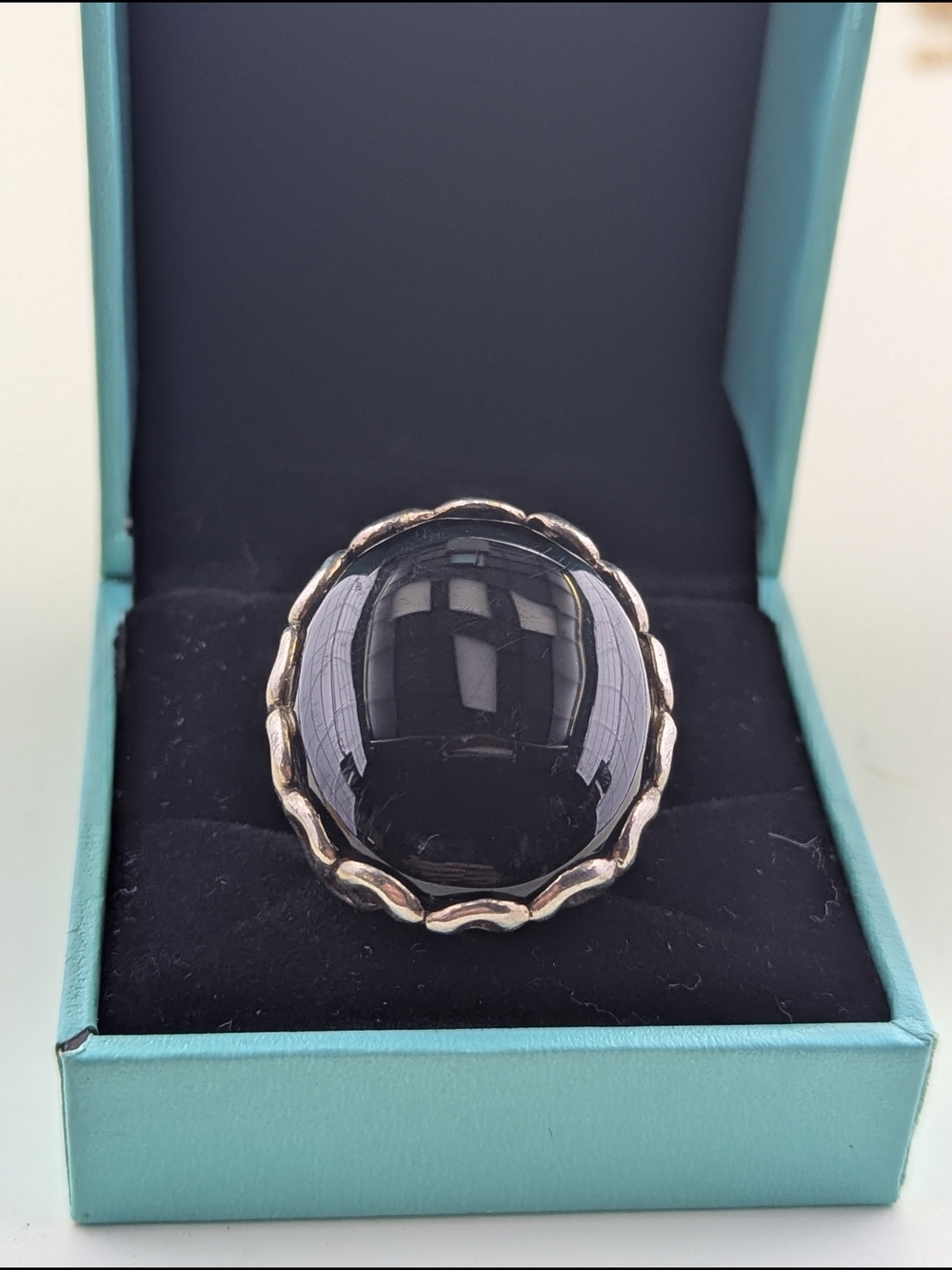 🖤 Vintage Statement Ring – Sterling Silver & Large Black Onyx Cabochon ✨